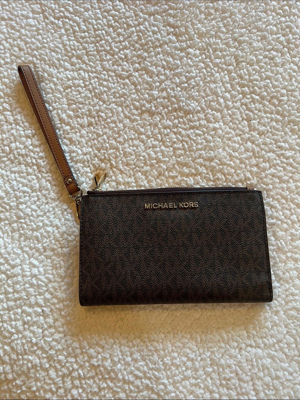 Michael Kors Brown and Gold Zip Card Holder Wristlet